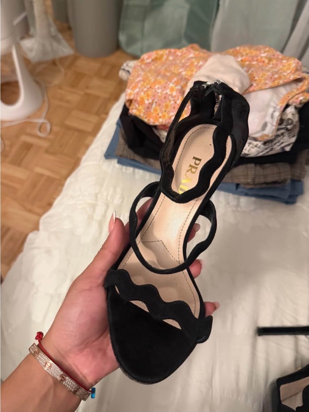Prada Black Scalloped Suede Strappy Heels